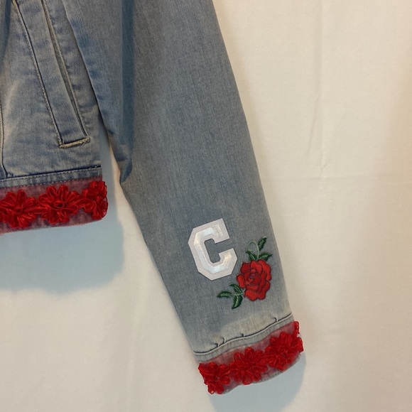 Celebrity Pink Cropped Embellished Cut Out Back Jean Jacket Size S - Picture 3 of 9